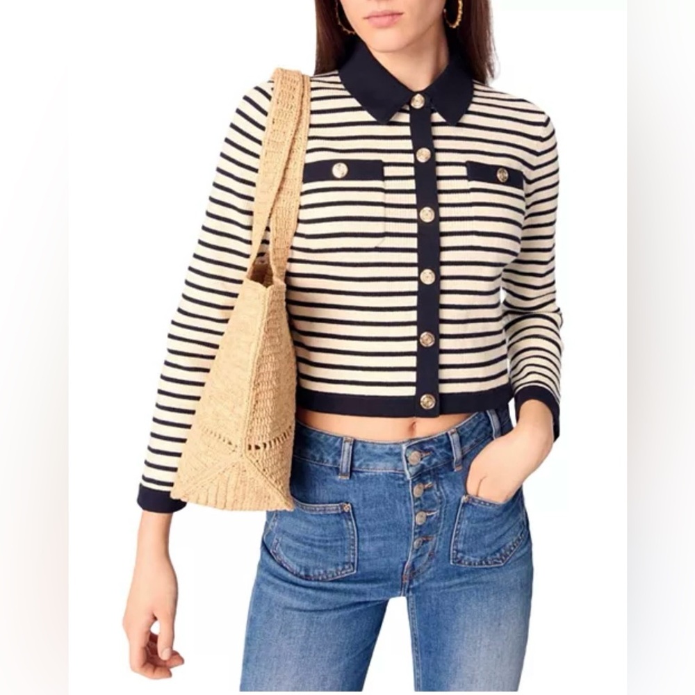 Maje Cropped Rib Knit Shirt Collar Cardigan